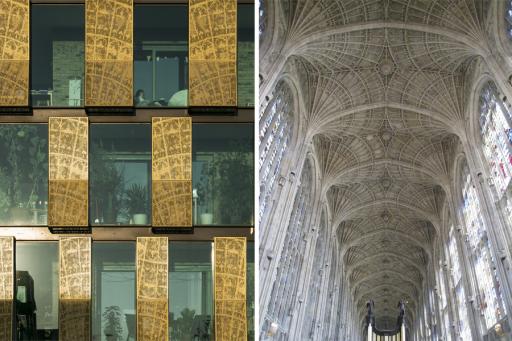 Perforated aluminium panels at Abode at Great Kneighton | Ceiling of King's College Chapel, Cambridge 
