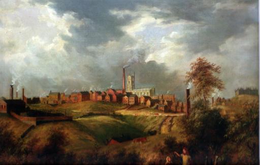 Oldham from Glodwick by James Howe Carse (1831), depicts the early skyline and industrial activities of Oldham